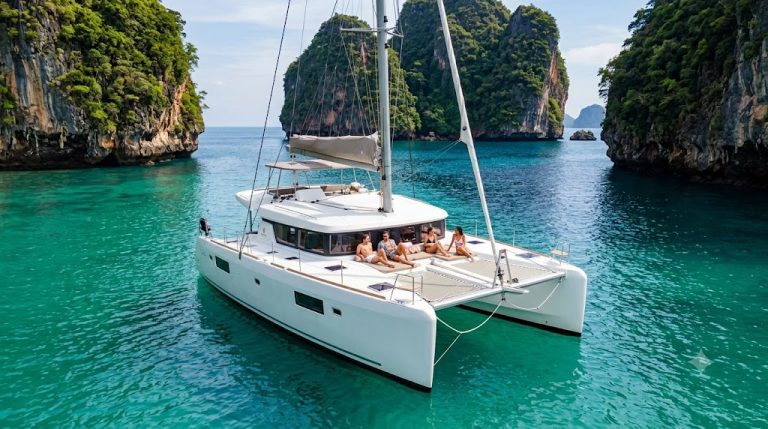 Private catamaran anchored in turquoise water near Phuket islands