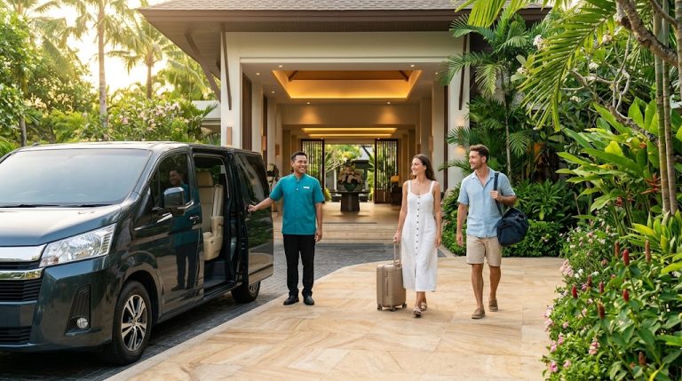 Private transfer van and driver greeting travellers at a Phuket hotel