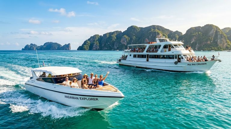 Speedboat moored at a turquoise Phuket island on a day tour