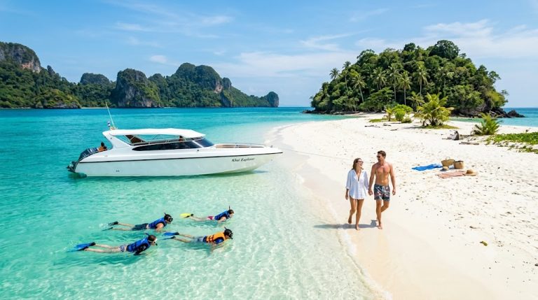 ทัวร์เกาะวันเดียวจากภูเก็ต เรือสปีดโบ๊ทจอดริมหาดเกาะไข่น้ำใส
