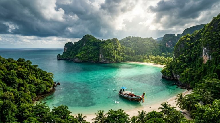 อ่าวมาหยา เกาะพีพีเล หาดทรายขาวโอบล้อมด้วยเขาหินปูน