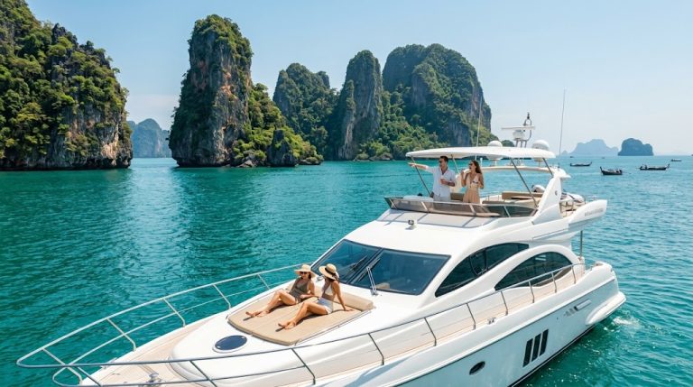 Private yacht cruising past limestone islands on a full-day Phuket charter