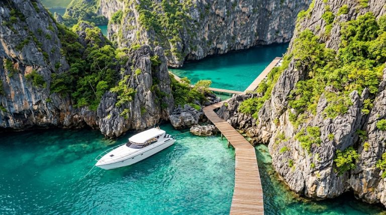 Speedboat moored at Loh Samah Bay, the landing point for Maya Bay