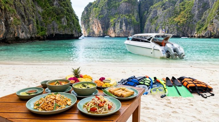 Snorkelling gear and beachfront Thai buffet lunch on a Phi Phi speedboat tour