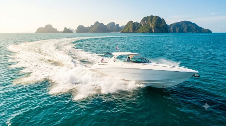 Speedboat racing across the Andaman Sea from Phuket to Phi Phi Island