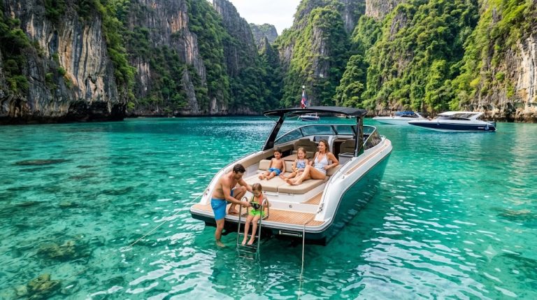 เหมาสปีดโบ๊ทส่วนตัวจอดในน้ำใสใกล้เกาะพีพี