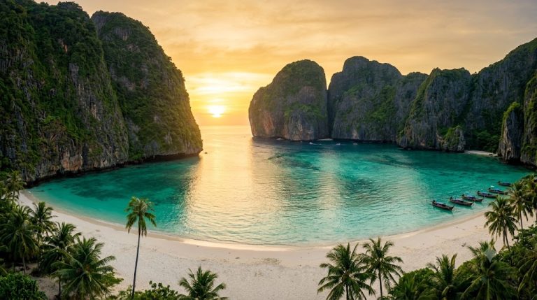 เกาะพีพีดอนยามเช้าตรู่ หาดเงียบสงบ แสงทอง