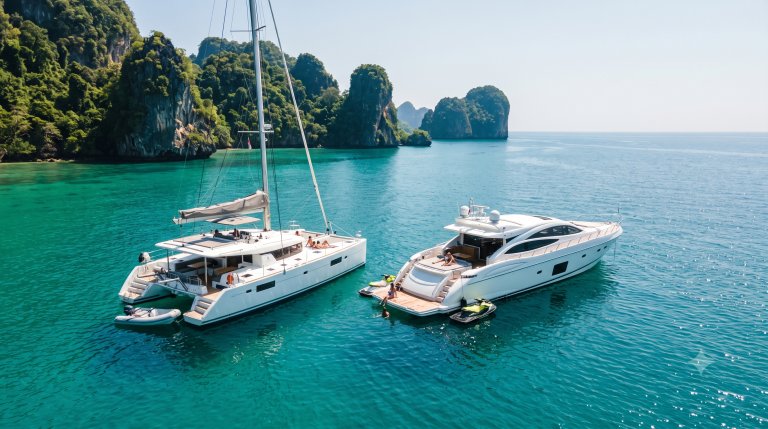A catamaran and motor yacht anchored near Phuket, comparing charter options