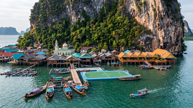 หมู่บ้านกลางน้ำเกาะปันหยี บ้านบนเสาไม้เชิงเขาหินปูน