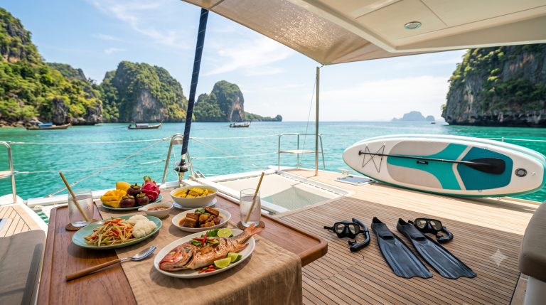 Lunch, snorkelling gear and water toys on a Phuket yacht charter deck
