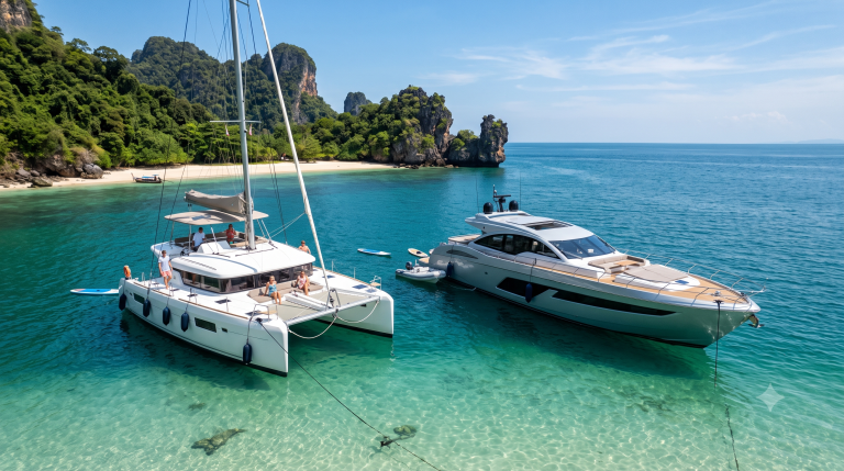 A catamaran and a motor yacht side by side near Phuket for comparison