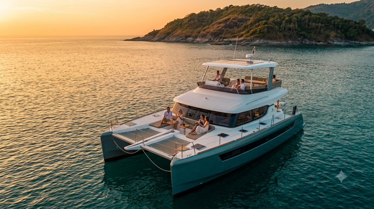 Private catamaran at sunset near Promthep Cape on a Phuket cruise