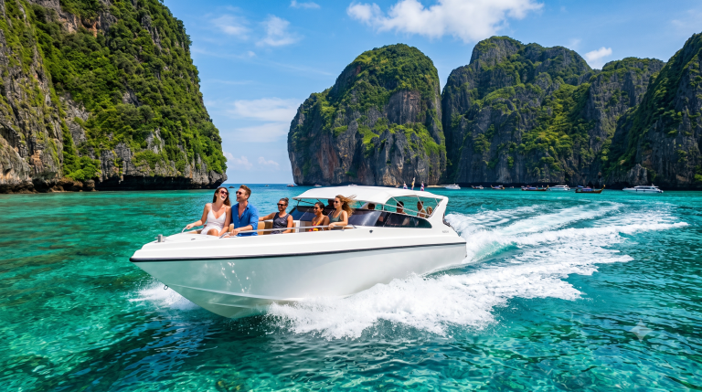 Speedboat approaching the limestone cliffs of Phi Phi Island on a day trip from Phuket