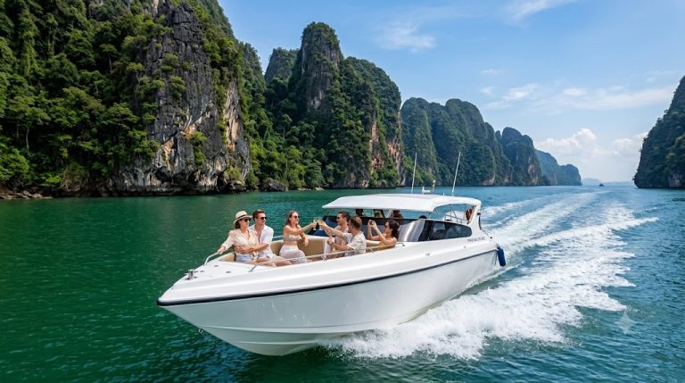 Speedboat among the limestone karsts of Phang Nga Bay on a day trip from Phuket