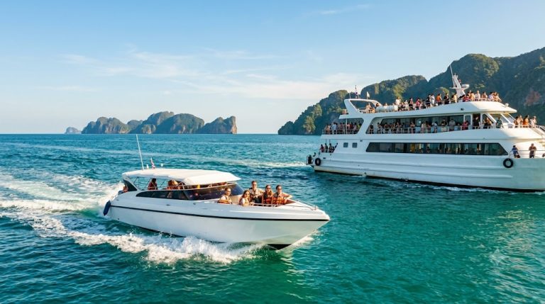 เรือสปีดโบ๊ทและเรือเฟอร์รี่แล่นข้ามทะเลอันดามันจากภูเก็ตไปเกาะพีพี