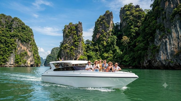 เรือสปีดโบ๊ทแล่นผ่านเขาหินปูนในอ่าวพังงา ทัวร์เกาะวันเดียวจากภูเก็ต