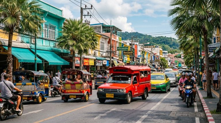 Tuk-tuks, songthaew and taxis on a busy palm-lined Phuket street
