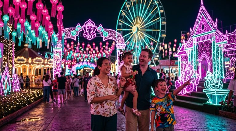 Family with children enjoying illuminated carnival light displays at night