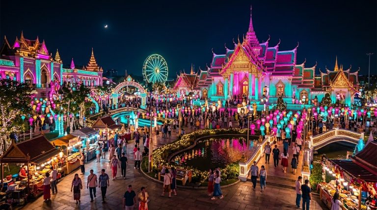 สวนสนุกคานิวัลเมจิกยามค่ำคืนประดับไฟหลากสี