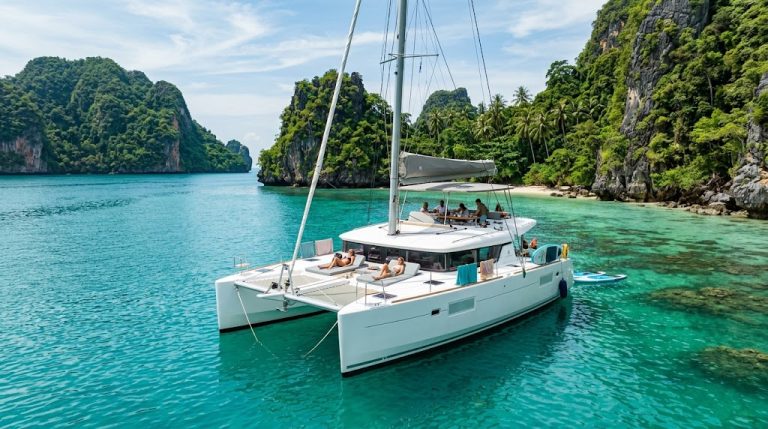 Private catamaran anchored in turquoise water near Phuket islands