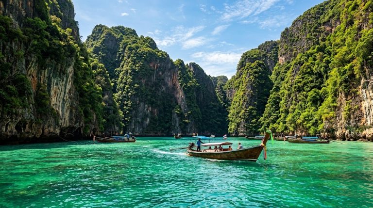 เรือเฟอร์รี่โดยสารมุ่งหน้าสู่เกาะพีพีบนทะเลอันดามัน