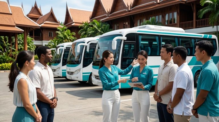 Event coordinator briefing a group beside coaches at a Thai resort