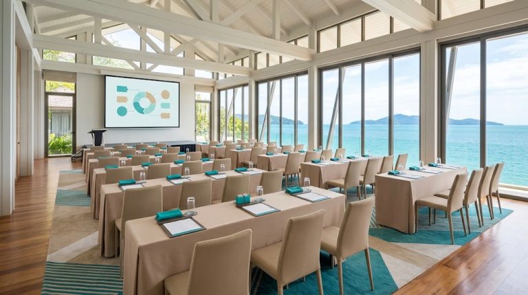 Resort meeting room set for a corporate group with Phuket sea views