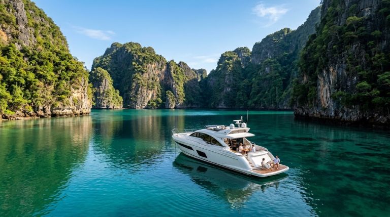 Private yacht anchored alone in a secluded emerald bay near Phuket