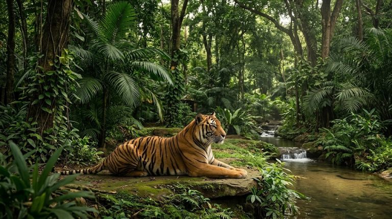Adult tiger resting in a shaded naturalistic enclosure with green foliage