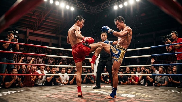 Muay Thai fighters in a brightly lit Phuket boxing stadium ring