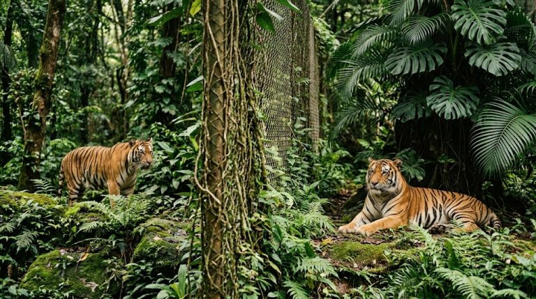Adult Indochinese tiger resting in a large naturalistic enclosure