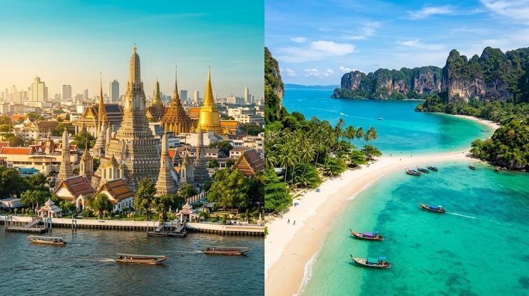 Bangkok city skyline contrasted with a turquoise Phuket island coastline
