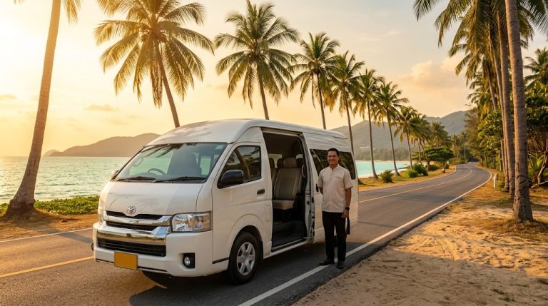 Private transfer minivan and driver on a palm-lined Phuket road
