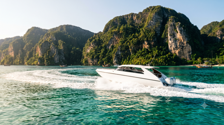 Speedboat racing toward Phi Phi Island limestone cliffs from Phuket