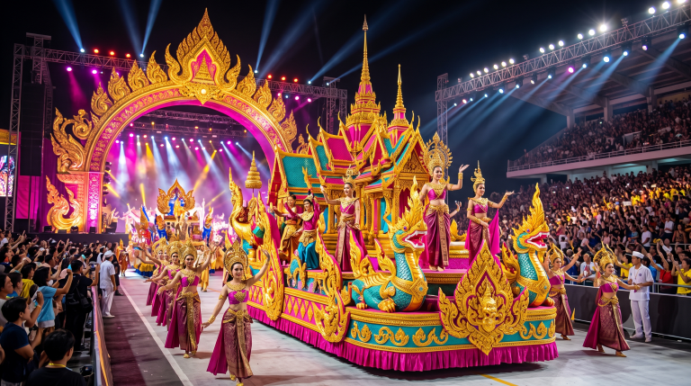 River Carnival parade float and performers at Carnival Magic Phuket