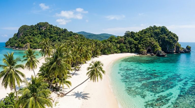 Wide white-sand Phuket beach with turquoise water and palm trees