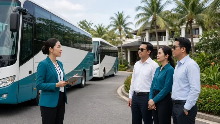 ผู้ประสานงานชาวไทยบรีฟคณะองค์กรข้างรถบัสที่รีสอร์ตในภูเก็ต