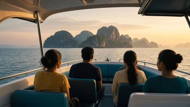 Thai passengers seated mid-boat on a calm early morning Phuket speedboat tour