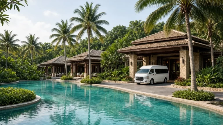 สระว่ายน้ำรีสอร์ตในภูเก็ตพร้อมรถตู้รับส่งมาถึงทางเข้า