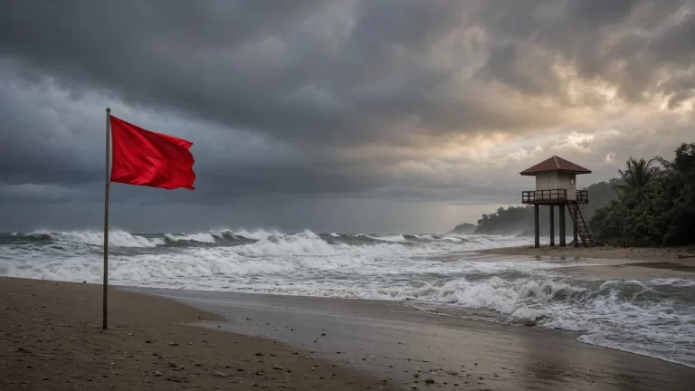 Red warning flag and monsoon surf on a Phuket west coast beach