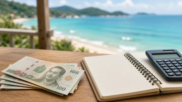 ธนบัตรไทยและเครื่องคิดเลขบนโต๊ะพร้อมวิวทะเลภูเก็ต