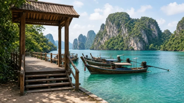 ทางเข้าท่าเรืออุทยานแห่งชาติพร้อมทะเลใสและเขาหินปูน